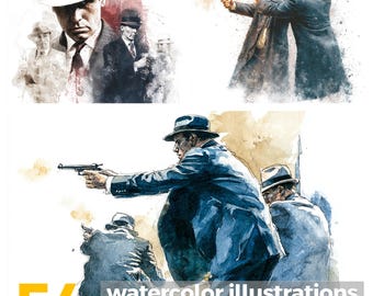 Watercolor Mafia Gangster Illustrations: Al Capone Theme (PNG Digital Download, Commercial Use)