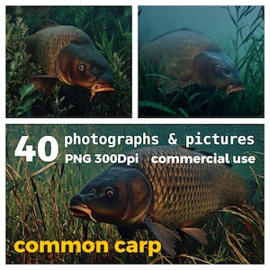 Puede incluir: 40 fotografías e imágenes de carpas comunes en un estanque. Las imágenes son archivos PNG de alta resolución a 300 DPI y son para uso comercial.