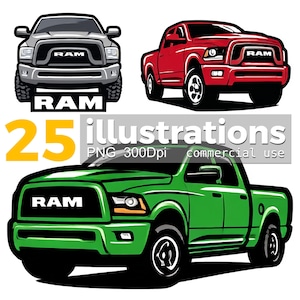 May include: Vector illustrations of three RAM pickup trucks in grey, red, and green. The trucks are shown from the front and side, with the RAM logo displayed. The image includes the text "25 illustrations PNG 300Dpi commercial use."
