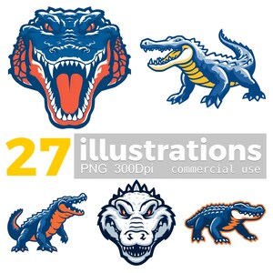 Può includere: Una collezione di 27 illustrazioni con alligatori stilizzati in varie pose e design. Gli alligatori sono principalmente blu, arancioni e bianchi, con denti affilati ed espressioni minacciose. Il testo include "illustrazioni", "PNG 300Dpi" e "commercial use".