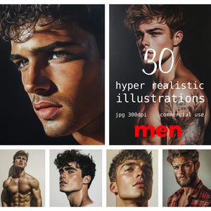 Puede incluir: Un collage de 30 ilustraciones hiperrealistas de hombres. Las imágenes están en formato jpg y tienen una resolución de 300 dpi. Son para uso comercial.