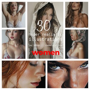 30 JPEG Illustrazioni iperrealistiche ritratto di belle donne ragazze Uso commerciale Carta digitale Download immediato Artigianato di carta