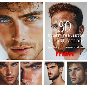 Puede incluir: Un conjunto de 30 ilustraciones digitales de rostros de hombres hiperrealistas. Las ilustraciones son a color y de alta resolución, 300 dpi. Las ilustraciones son para uso comercial. El texto "30 ilustraciones hiperrealistas hombres" está en rojo.