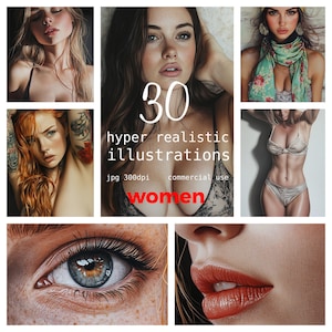 30 JPEG Illustrazioni iperrealistiche ritratto di belle ragazze donne calde Uso commerciale Carta digitale Download immediato