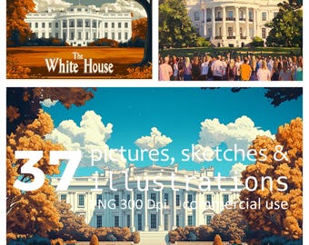 May include: A collection of three images featuring the White House. The images showcase the iconic building in various artistic styles, including illustrations and sketches. The text "The White House" is visible in one image, and another image includes the text "37 pictures, sketches & illustrations".