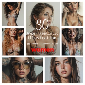 30 JPEG Illustrazioni iperrealistiche ritratto di belle donne ragazze Uso commerciale Carta digitale Download immediato Artigianato di carta
