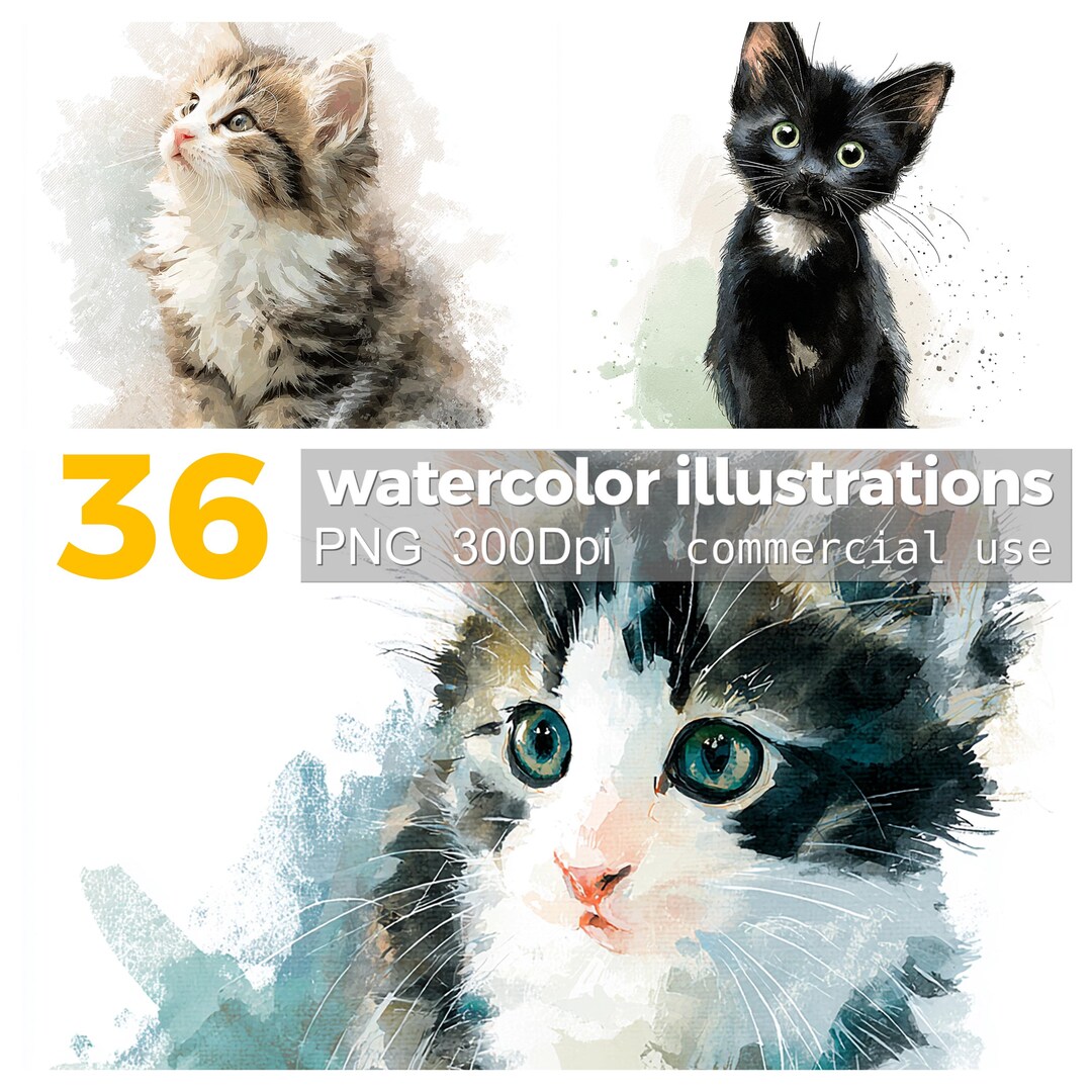 水彩子猫のクリップアート：36 PNG猫イラスト（デジタルダウンロード