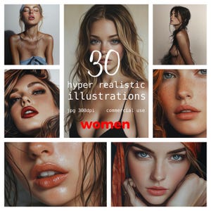 30 JPEG Illustrazioni iperrealistiche ritratto di belle donne ragazze Uso commerciale Carta digitale Download immediato Artigianato di carta