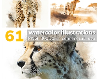 水彩画のチーター クリップアート: 61 x PNG アフリカ野生動物イラスト