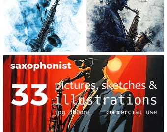 May include: A digital illustration of a saxophonist playing a saxophone. The image is in a red, orange, and blue colour scheme. The text "saxophonist" is at the top of the image. The text "33 pictures, sketches & illustrations" is in the middle of the image. The text "jpg 300dpi commercial use" is at the bottom of the image.