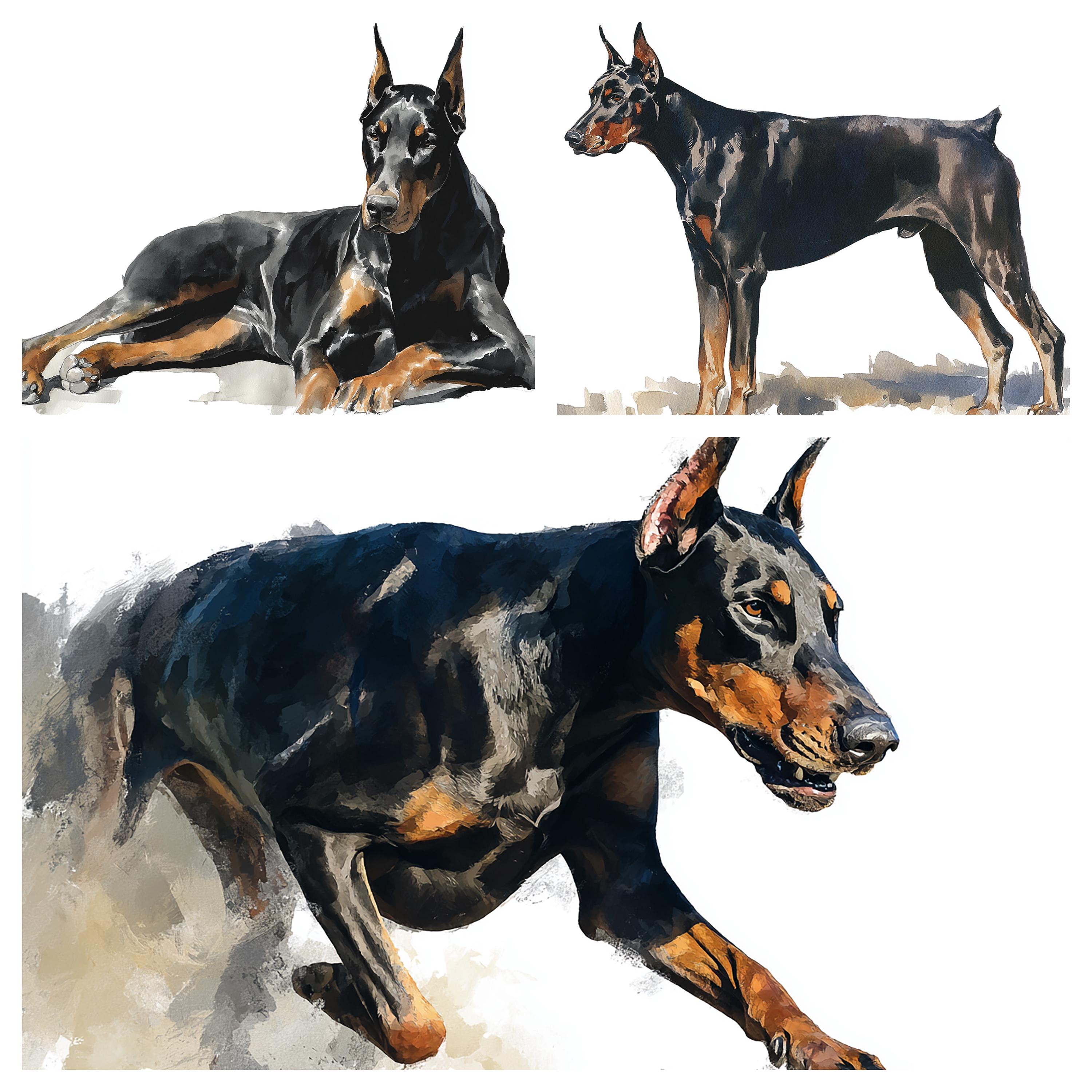ドーベルマン犬のPNG水彩イラスト62点、ペットの犬をテーマにした