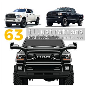 Może przedstawiać: Cyfrowa ilustracja trzech pickupów RAM w kolorze białym i czarnym. Obraz zawiera tekst "63 illustrations PNG 300Dpi commercial use". Samochody ciężarowe są pokazane z różnych perspektyw.