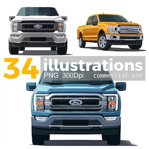 May include: Three illustrations of Ford F-150 pickup trucks in white, yellow, and blue. The trucks are shown from the front and side, with detailed grilles and headlights. Text in the image reads "34 illustrations PNG 300Dpi commercial use."