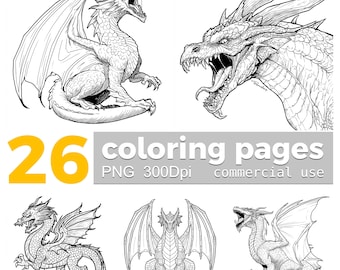 Dragon Coloring Pages: Fantasy Fairytale Clipart (PNG Digital Download)