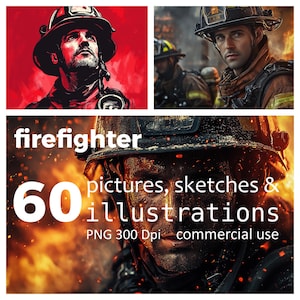 以下が含まれることがあります： 消防士の画像、スケッチ、イラスト60点のデジタルイラストセット。画像はPNG形式、300 DPIで、商用利用可能です。