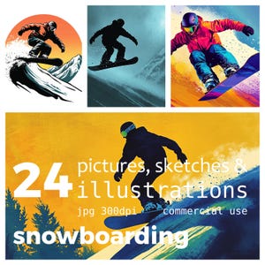 24 JPEG illustrations, pictures and sketches of Snowboarder on snowboard Commercial Use Digital Instant Download