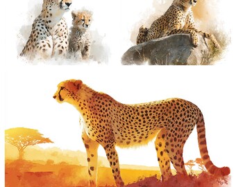 チーター 水彩インクイラスト 水彩画のチーター クリップアート: 61 x PNG アフリカ野生動物イラスト