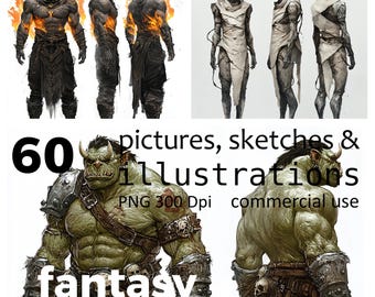 May include: A digital download of 60 fantasy character illustrations, pictures, and sketches. The images are in PNG format, 300 DPI, and are for commercial use.