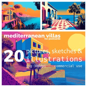 20 illustrazioni JPEG, immagini e schizzi di Ville Mediterranee sul Mare Formato 16:9 Cartolina Uso Commerciale Carta Digitale Download Istantaneo