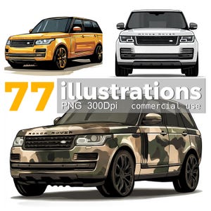 Puede incluir: Ilustración de tres Range Rover. Uno es amarillo, otro blanco y el tercero tiene un patrón de camuflaje. El número "77" es amarillo y el texto dice "illustrations PNG 300Dpi commercial use."