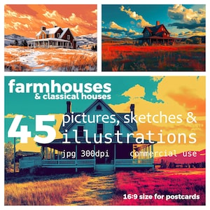 45 illustrazioni JPEG, immagini e schizzi di Farmhouse & Classical House, architettura americana, uso commerciale Download digitale istantaneo