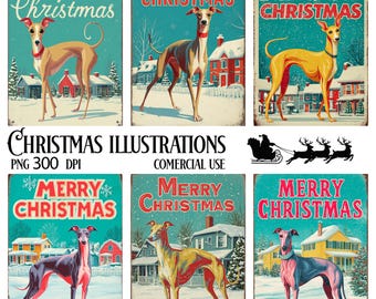 May include: A set of vintage Christmas illustrations. Each image features a greyhound with a teal background and the words "MERRY CHRISTMAS" in red. The dogs are in different colors, set against snowy landscapes and houses, evoking a retro feel.