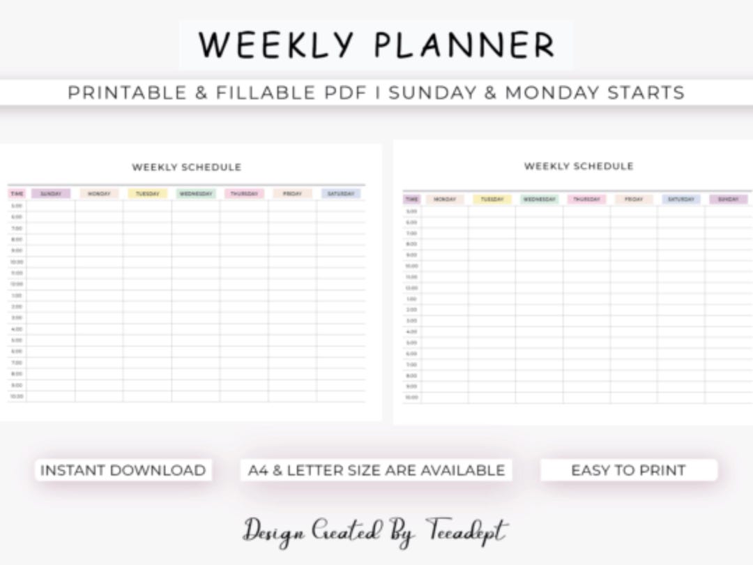 Weekly Planner Template Landscape | Printable Weekly Schedule ...
