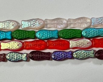 Czech Glass Fish Beads 14x7mm 15x11mm MATTE AB Rosaline, Opaque Olivine, or Hyacinth, Translucent ab Dark Amethyst  CHOOSE Color 12 or 25