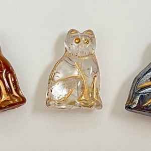 20x14mm Czech Glass Sitting Cats TOP DRILLED Hematite Shiny Dark Gray Crystal Clear Brown with Gold Inlay Vintage Cat Beads CHOOSE 5