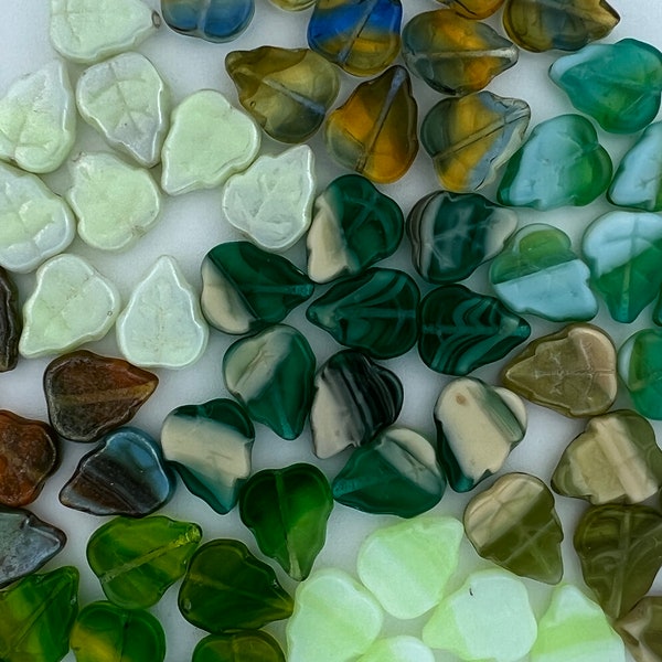 12x10mm Czech Glass Leaves White Peridot Aqua Topaz Sapphire Emerald Olivine Jonquil Luster Top Drilled Leaf Vintage CHOOSE COLOR & 12 OR 25