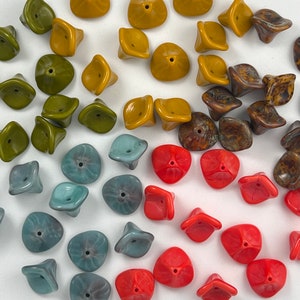 12X10mm Large Czech Glass Flower Cups 3 Petal Coral Dark Orange Olive Green Sunflower Yellow Picasso Bell Flower Beads CHOOSE COLOR AMT