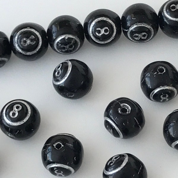 Eight Balls Czech Glass Vintage 8 Ball Beads 8mm Opaque Black with Silver Etching Gaming Pool Billiards Competitions Ball Charms Jewelry 12