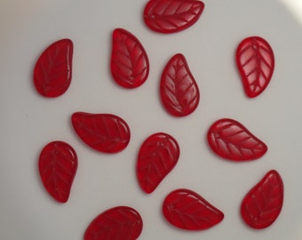 Siam Ruby Czech Glass Leaves 14x9mm Czech Leaf Beads Vintage Red Leaves Front Drilled Etched Trees Fruit Flowers Charms Earrings LF5  12