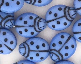 Fun Large Czech Glass Ladybug Beads 14x11mm Periwinkle Blue Ladybugs with Jet Black Dots Critters Bugs Good Luck Vintage 25