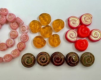 8mm 10mm 12mm Vintage Czech Glass Snails Discs Cinnamon Roll Bun Milky Pink White Gold Inlay Topaz Brown Picasso Orange AB Snail Beads 10/12