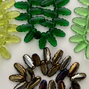 13x7mm Czech Glass Scalloped Leaf Beads Side Drilled Vintage Leaves Emerald Green Olivine Jet Black Iris Trees Fruit Flowers Plants LF11 25