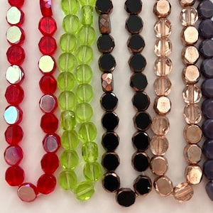 8mm Czech Glass Mirror Coin Beads Fire Polished Faceted Purple Opal Siam Ruby AB Peach Jet Black Copper Peridot Olivine Green CHOOSE 12