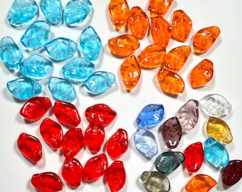 14x9mm Large Czech Glass Leaves Wavy Side Drilled Leaf Beads 9x14mm Aqua Blue Hyacinth Orange Bright Red & Variety Mix CHOOSE COLOR/AMT