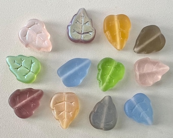 12x10mm Czech Glass Leaves MATTE AB Top Drilled Leaf Beads Peridot Emerald Green Sapphire Blue Topaz Gold Rosaline Pink Vintage, Mix Pick 12