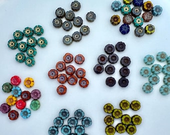 7mm Small Czech Glass Hibiscus Flowers Vintage Flower Beads Green Blue Turquoise Orange Lapis Marigold Pink Purple PIcasso Etched CHOOSE 10