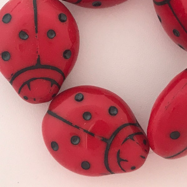 20x16mm Extra Large Red Czech Glass Ladybug Beads Opaque Red w Black Dots & Lines Animals Critters Bugs Insects Bracelets Vintage LARQ20  5