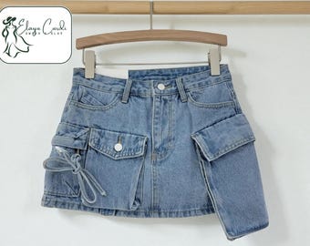 Washed Denim Mini Skirt | High-Waist Utility Pockets