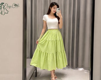 Women’s Gingham Tiered Skirt | Midi Flowing Summer Skirt | Casual and Cottagecore Outfit | Lightweight Skirt for Brunch & Travel