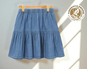 Denim Ruffle Mini Skirt | High Rise A-Line, Elastic Waist