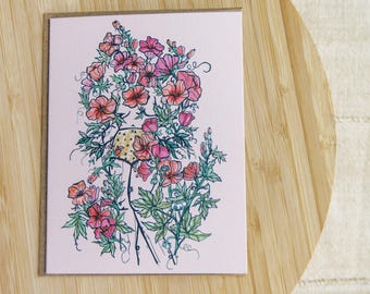 Hollyhock Floral Card, Blank Inside with Kraft Envelope