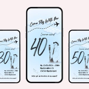 May include: Three blue and white phone screen mockups with a black and white illustration of a person holding a microphone. The text on the screen says "Come Fly With Me" and "Lauren wird" followed by a number. The text also includes the date, time, and location of the event.