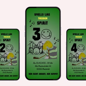 Peut inclure: Trois smartphones affichant un graphisme vert avec le texte "Smells Like Theodor Spirit." Chaque téléphone affiche un chiffre différent : 2, 3 et 4, ainsi qu'un personnage de dessin animé, des notes de musique et une batterie.