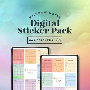 May include: Digital sticker pack with the text "Rainbow Notes" and "Digital Sticker Pack". The image shows two tablets displaying colorful digital stickers. The pack includes 640 stickers. The background is a gradient of colors.