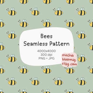 May include: A seamless pattern featuring cartoon bees in yellow and black on a light green background. The image includes the text "Bees Seamless Pattern" and details about the image size and format.