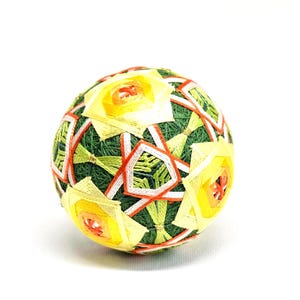 Japanese Temari Ball | Hand-Embroidered Decorative Ornament Deco | Traditional Folk Art | Yellow & Green Geometric Design | Cute Japan Gift
